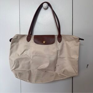 Longchamp Le Pliage Nylon Tote | Beige with Brown Leather Handles